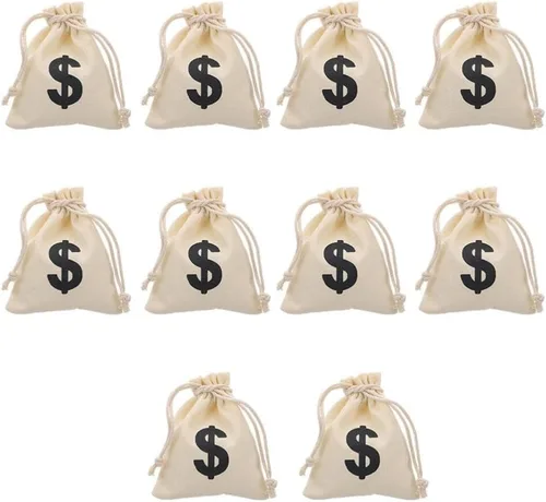 Cabilock 10 bolsas de regalo de lona con cordón, 4.72 x 3.93 pulgadas, bolsas de dinero beige para recuerdos de fiesta, monedas de juego, dulces,
