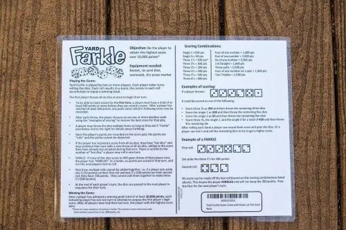 Miniatura 3 de YARD FARKLE SCORE CARDS with Rules on the back- Laminated Farkle Score Card, Reusable Score Card, Size- 8.5" x 11" (ONE Farkle Score Card)