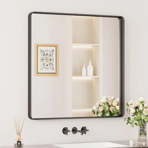 Miniatura 38 de Keonjinn Espejos de baño negros para sobre el fregadero, espejos cuadrados grandes de 36 x 36 pulgadas para pared, espejo rectangular redondeado