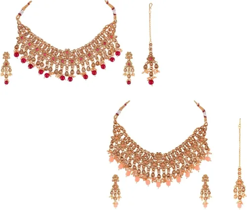 Efulgenz Indian Jewelry Choker Necklace Maang Tikka Earrings Bollywood Wedding Crystal Kundan Necklace Earrings Head Chain Set