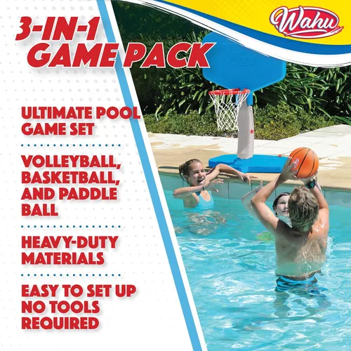 Miniatura 2 de Wahu Paquete de juego de deportes de piscina 3 en 1 con juego de baloncesto, voleibol y pelota de remo Multicolor
