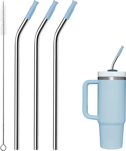 Miniatura 25 de Pajitas de metal rectas para vaso Stanley de 40 onzas, paquete de 3 popotes reutilizables de acero inoxidable con puntas de silicona y cepillo Gris