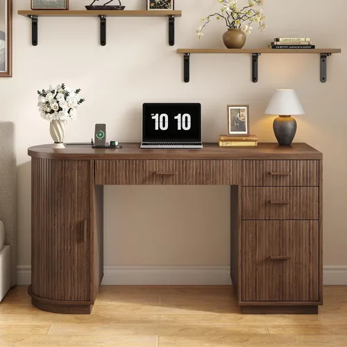 Miniatura 5 de ONBRILL Escritorio ejecutivo acanalado de 58 pulgadas, escritorio para computadora con cajones de almacenamiento y cajón de archivos, moderno Nogal
