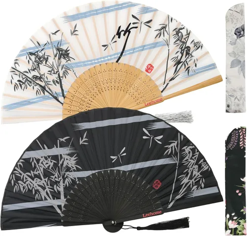 Abanicos de mano plegables pequeños para mujer, 2 abanicos chinos japoneses de seda de bambú vintage, para baile, festival de música, boda, fiesta,