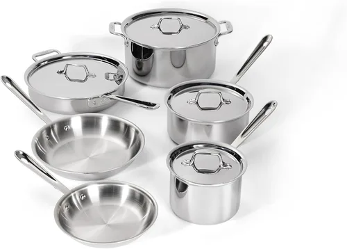 Juego de ollas de acero inoxidable All-Clad D3 - Juego de 10 piezas de ollas y sartenes, apto para inducción, horno a 600F, incluye sartenes para