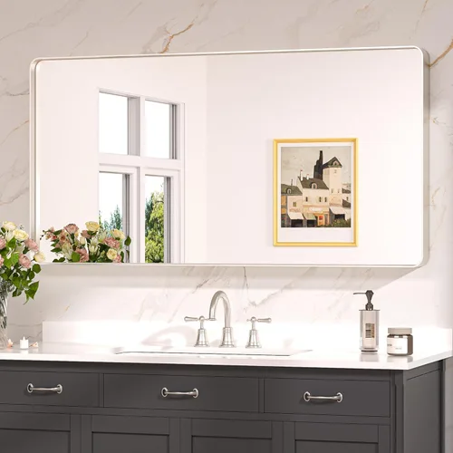 Miniatura 10 de Keonjinn Espejos de baño negros para sobre el fregadero, espejos cuadrados grandes de 36 x 36 pulgadas para pared, espejo rectangular redondeado