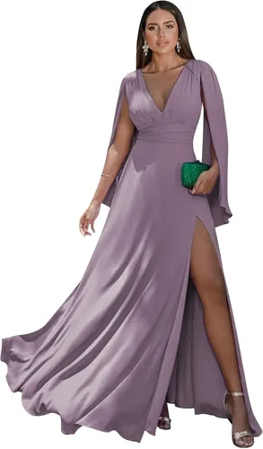 Miniatura 7 de Women's Long Sleeve Bridesmaid Dresses V-Neck Chiffon Ruched Formal Dress Evening Gown with Slit