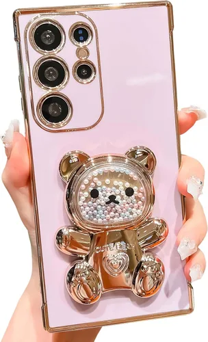 Bonita funda compatible con Samsung Galaxy S22 Ultra de 6.8 pulgadas, cuentas de lujo de color dorado 3D con soporte de oso de dibujos animados para