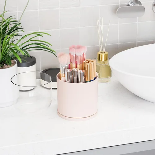 Miniatura 5 de Yieach Soporte giratorio de acrílico para brochas de maquillaje con tapa para tocador, baño, encimera, organizador de brochas de maquillaje Rosa