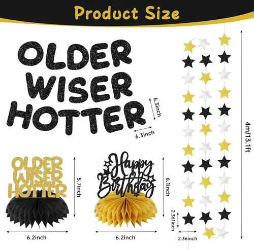 Miniatura 2 de Older Wiser Hotter - Kit de decoración de pancartas preencordadas para hombres y mujeres, guirnalda de estrellas con purpurina dorada negra y dorada