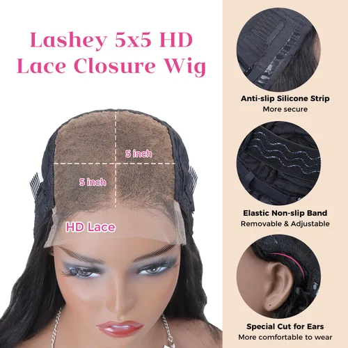 Miniatura 6 de Lashey Pelucas de cabello humano lacio tipo afro de 5 x 5, cierre de encaje HD transparente, densidad del 180 % prearrancada con nudos blanqueados