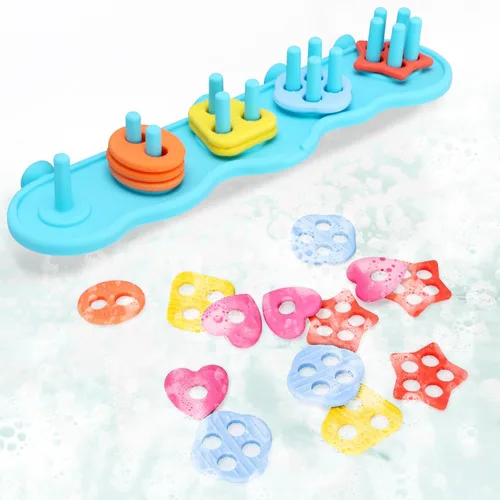 Juguetes de baño para bebés, juego de juguetes de baño de silicona sin moho para clasificar y apilar con 20 piezas flotantes texturizadas, diseño