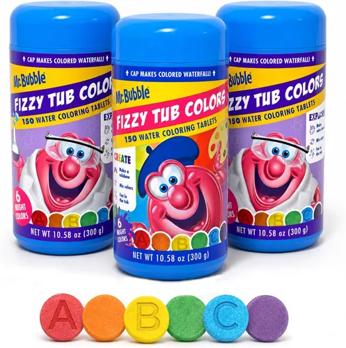 Mr. Bubble Fizzy Tub Colors - Tabletas para colorear en agua de baño, 6 colores brillantes, rojo, naranja, amarillo, morado, azul y verde, sin