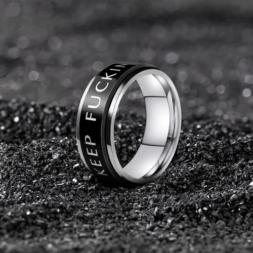 Miniatura 43 de LAOYOU Anillo giratorio para hombre para alivio de la ansiedad 0.315 in de acero inoxidable negro anillo de ansiedad con incrustaciones de cadena