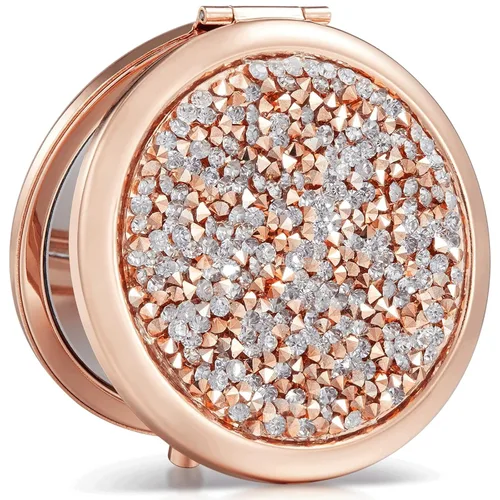 OMIRO Espejo compacto con aumento 1X/10X, mini espejo de maquillaje de bolsillo de metal con diamantes (oro rosa)