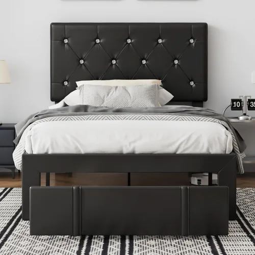 Miniatura 31 de VECELO Base de cama de tamaño individual, plataforma tapizada con cabecera ajustable de diamante, soporte de listones de madera, no necesita somier