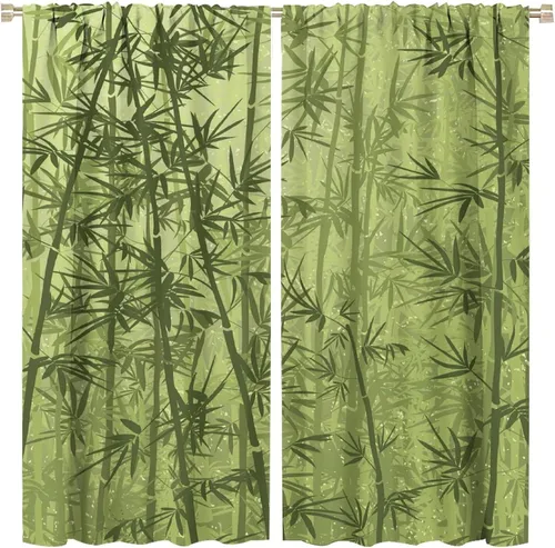 Miniatura 49 de Cortinas con estampado de bambú, tallos y hojas de bambú, temática oriental natural, oscurecimiento de habitación, ventana, ventana, cortina