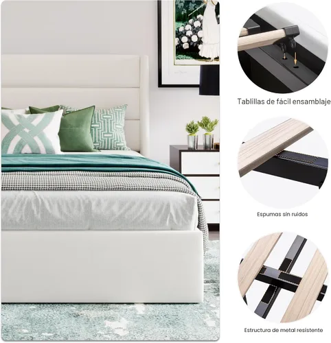 Miniatura 5 de SHA CERLIN Cama de Almacenamiento Elevadora Tamaño Queen/Tapizada en Terciopelo/Cabecera Moderna Tipo Wingback/Marco de Cama Plataforma Blanco