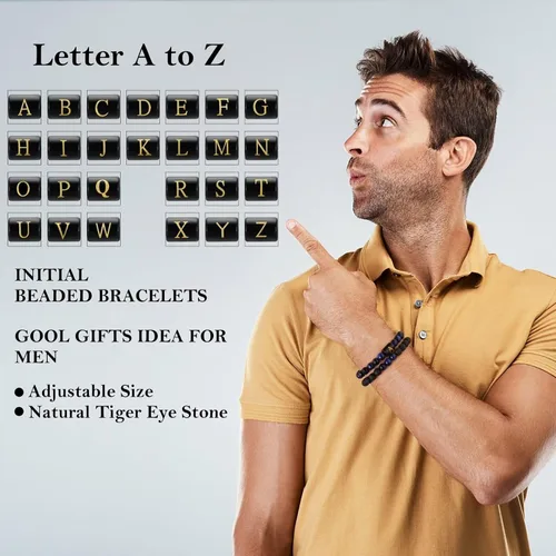 Miniatura 2 de Pulseras de cuentas con iniciales para hombres, regalos de 0.315 in, ojo de tigre, piedra de lava y roca para hombre, pulsera de cuentas de yoga