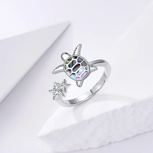 Miniatura 4 de SLIACETE Anillo de tortuga con estrella de mar de plata de ley 925 con anillo de tortuga para mujeres, talla 7, no conocido