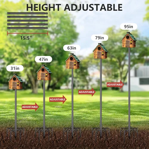 Miniatura 6 de Soporte para comedero de pájaros, poste de 95 pulgadas para pájaros para exteriores, resistente, 5 puntas de base, soporte ajustable para comedero