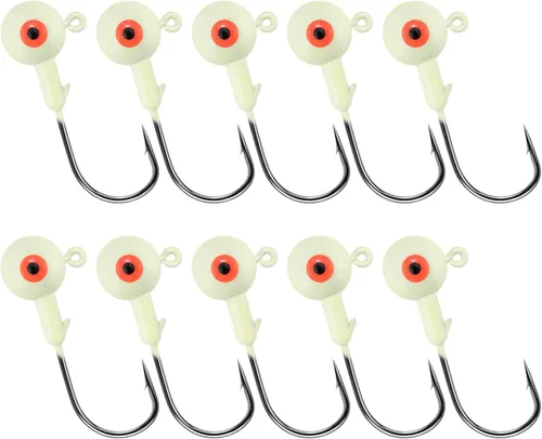 Alwonder Paquete de 10 cabezas redondas de pesca, ganchos de róbala de lubina, ojos 3D, acero de alto carbono, 1/8-1/2 onzas, cabeza de plantilla de