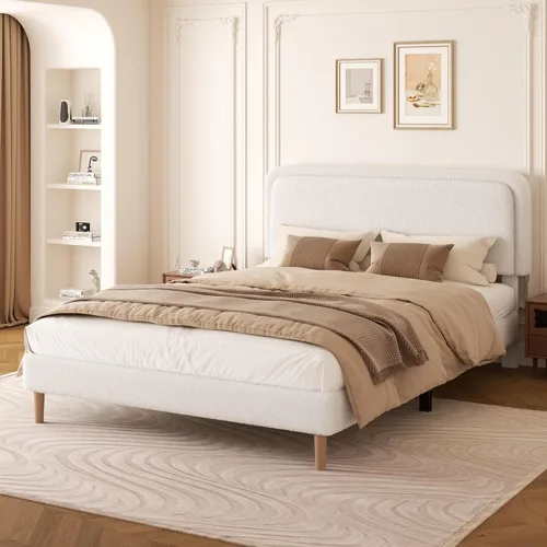 Miniatura 18 de Marco de cama tapizado Boucle de tamaño matrimonial con cabecera ajustable, cama de nube suave, no necesita somier, fácil montaje, sin ruido