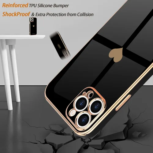 Miniatura 5 de Teageo Funda para iPhone 14 Pro para mujeres y niñas, lindo corazón de amor, chapado de lujo, cubierta trasera suave, protección completa de la Negro