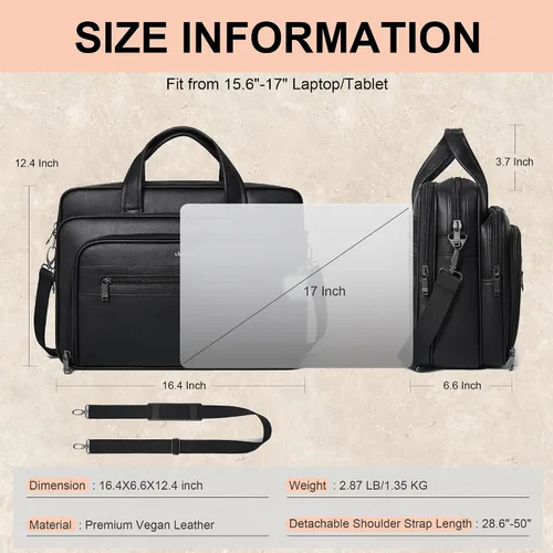 Miniatura 4 de Bolso de Mensajero de Cuero Shrrie para Hombres y Mujeres de 17 Pulgadas, Bolso para Laptop de Gran Capacidad Resistente al Agua, Bolso de Hombro