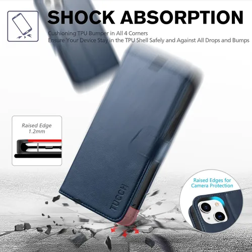Miniatura 6 de TUCCH Funda tipo cartera para iPhone 13 de 6.1 pulgadas, [Bloqueo RFID] [Ranura para tarjeta] Carcasa protectora interior de TPU, funda magnética