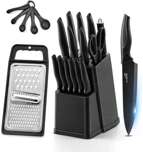 HaWare Juego de cuchillos de cocina de acero inoxidable de 21 piezas, juego de cuchillos de chef negros con 6 Kinves para carne, cuchara medidora y