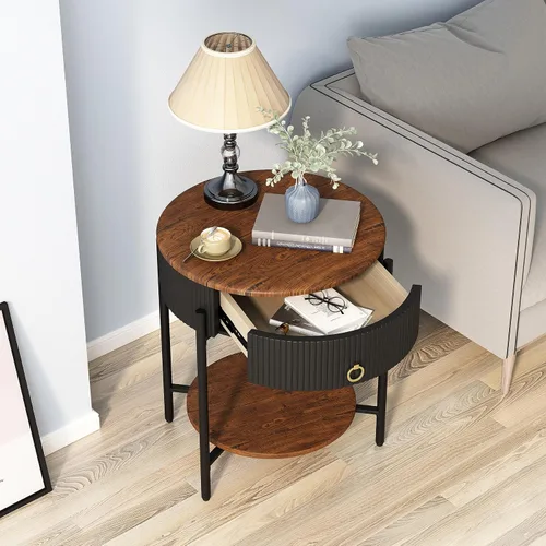 Miniatura 3 de OIOG Mesa auxiliar moderna con cajón, mesa de noche industrial de 2 niveles con estante, mesita de noche de grano de madera con almacenamiento