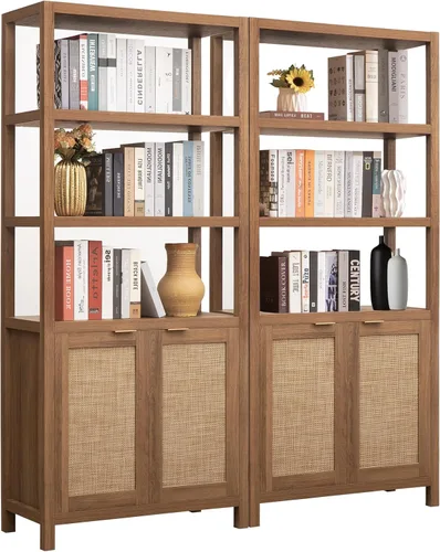 Miniatura 12 de Estantería SICOTAS de 5 niveles, estante de libros de ratán estilo bohemio de 71" de altura con puertas, estantes de almacenamiento, estanterías