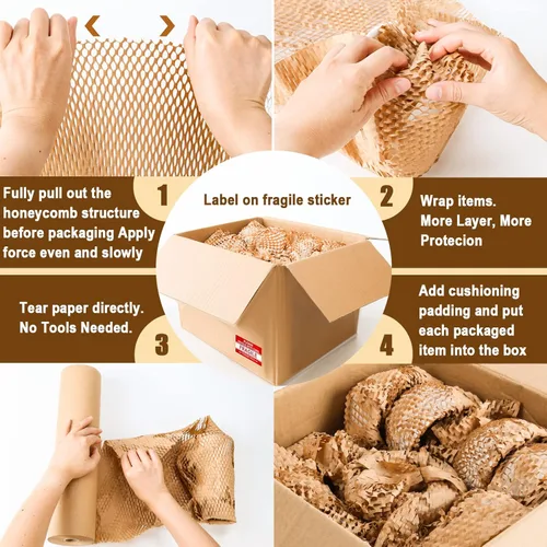 Miniatura 5 de Papel de embalaje de nido de abeja, papel de embalaje de cojín reciclable de 15 pulgadas x 300 pies para envíos en movimiento, rompibles, papel