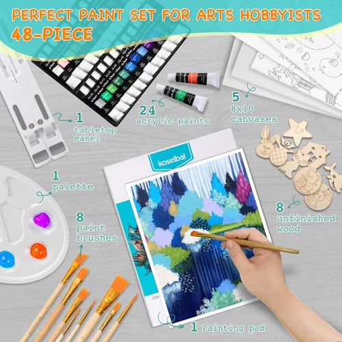 Miniatura 2 de koseibal Juego de arte acrílico con 24 pinturas acrílicas, 8 plantillas de madera de bricolaje, 5 paneles de lienzo, 8 pinceles, caballete de mesa