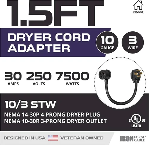 Miniatura 2 de Iron Forge Cable Adaptador de enchufe de secadora de 3 clavijas a 4 clavijas - Adaptador de salida negro de 10/4 STW de 1.5 pies para secadora