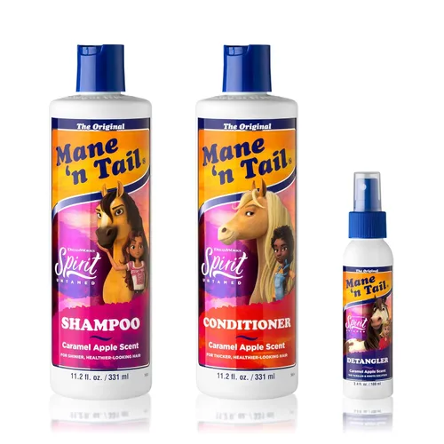 Mane 'n Tail Spirit Untamed - Juego de champú, acondicionador y desenredante – Aroma a manzana caramelo, fórmula suave de aceite de coco para niños,
