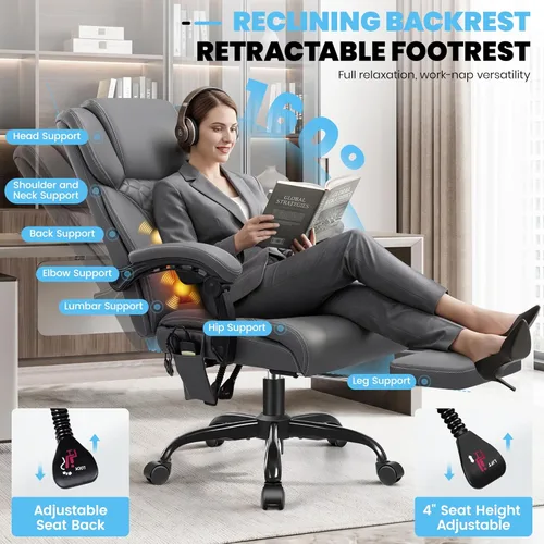 Miniatura 5 de Silla de oficina de masaje y calor con reposapiés, silla ejecutiva ergonómica reclinable de 90-160° para personas grandes y altas, 400 libras, Negro