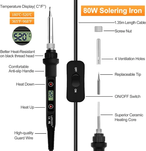 Miniatura 2 de Kit de soldador 80W LCD Temperatura ajustable 180-520℃ Kit de soldadura electrónicos 13 en 1 herramientas de soldadura con interruptor