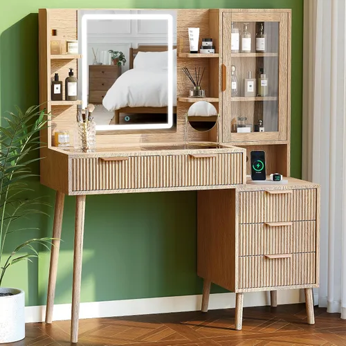 Miniatura 11 de Escritorio de tocador con 11 cajones con parte superior de cristal con silla, manijas de cristal con espejo y luces, tocador con toma de corriente