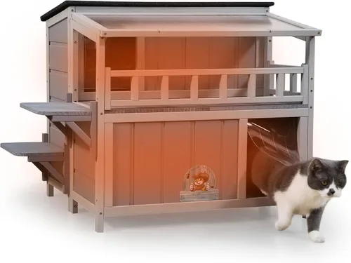 Miniatura 10 de Refugio para gatos de madera cálida de 2 niveles con techo de luz solar, casa para gatos al aire libre, balcón, plataformas de salto, recinto