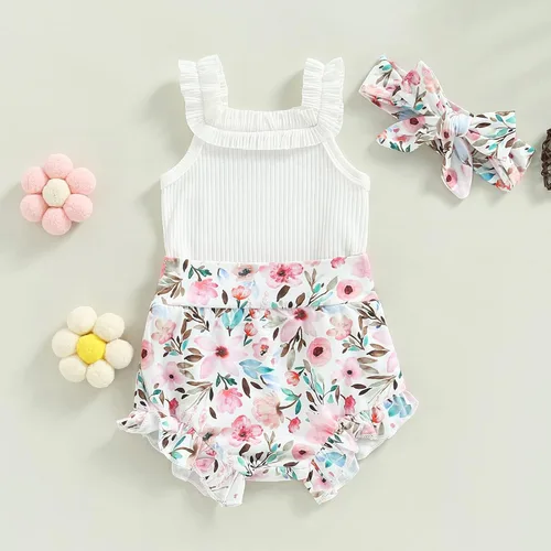 Miniatura 49 de TheFound Trajes de verano para niñas pequeñas, sin mangas, de punto acanalado, halter, pantalones cortos, ropa para recién nacidos, conjunto de 3