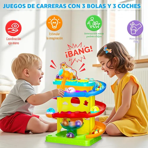 Miniatura 4 de Funwee 2 en 1 Juego de Bola Rodante y Rampa de Coches de Carreras para Niños Pequeños, Pista de Carreras con Martillo, Luces y Bolas que Caen, Juego