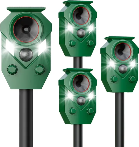 Paquete de 4 dispositivos solares repelentes de ciervos con sensor de movimiento y luces LED, repelente de gatos impermeable para exteriores,