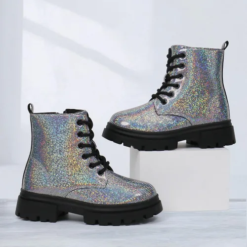 Miniatura 5 de starmerx Botas de tobillo para niñas, botas de combate con cordones y cremallera lateral, cómodas botas para niños