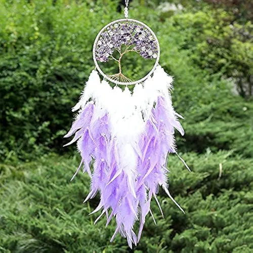 Miniatura 15 de Pretty Jolly Atrapasueños de árbol de la vida azul aguamarina, decoración de pared con piedra de cristal curativo, hecha a mano, plumas azules