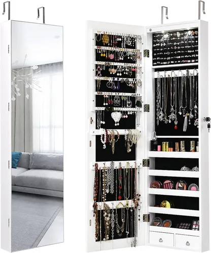 Miniatura 63 de Giantex Armario de joyería para puerta de pared con espejo de longitud completa, 2 LED con cerradura grande organizador de joyas con espejo ancho