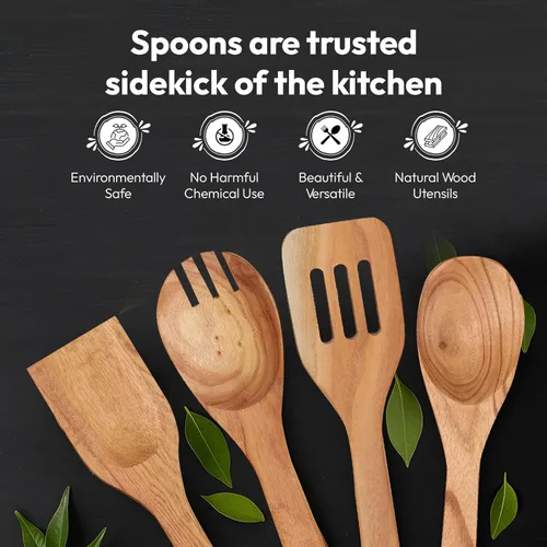 Miniatura 4 de Ajuny Juego de utensilios de cocina de madera, 6 cucharas y espátulas de madera, utensilios de cocina no tóxicos, seguros para sartén antiadherente
