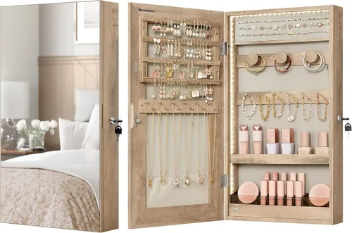 Miniatura 8 de SONGMICS Armario de joyería con espejo con luces LED integradas, organizador de almacenamiento de joyas montado en la pared o en la puerta, 3.8 x