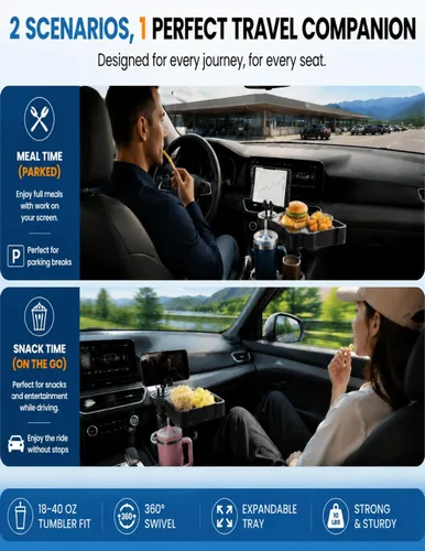 Miniatura 6 de Bandeja Portavasos para Auto, Expansor de Portavasos 4 en 1 con Mesa Bandeja de Comida Expandible, para Artículos Esenciales de Viaje por Carretera